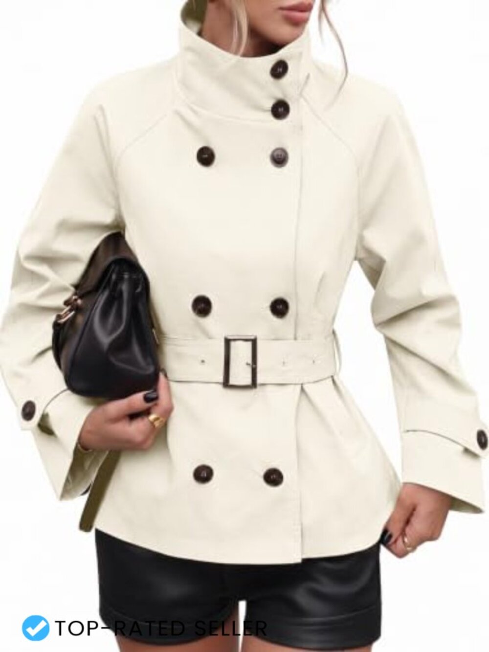 Women's Cropped Trench Coat Funnel Neck Belted Fall Jacket